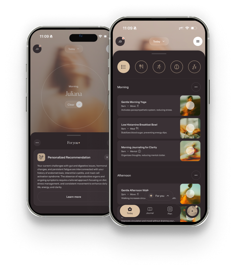 Forela app on two phones, showing a daily plan and a personalized recommendation